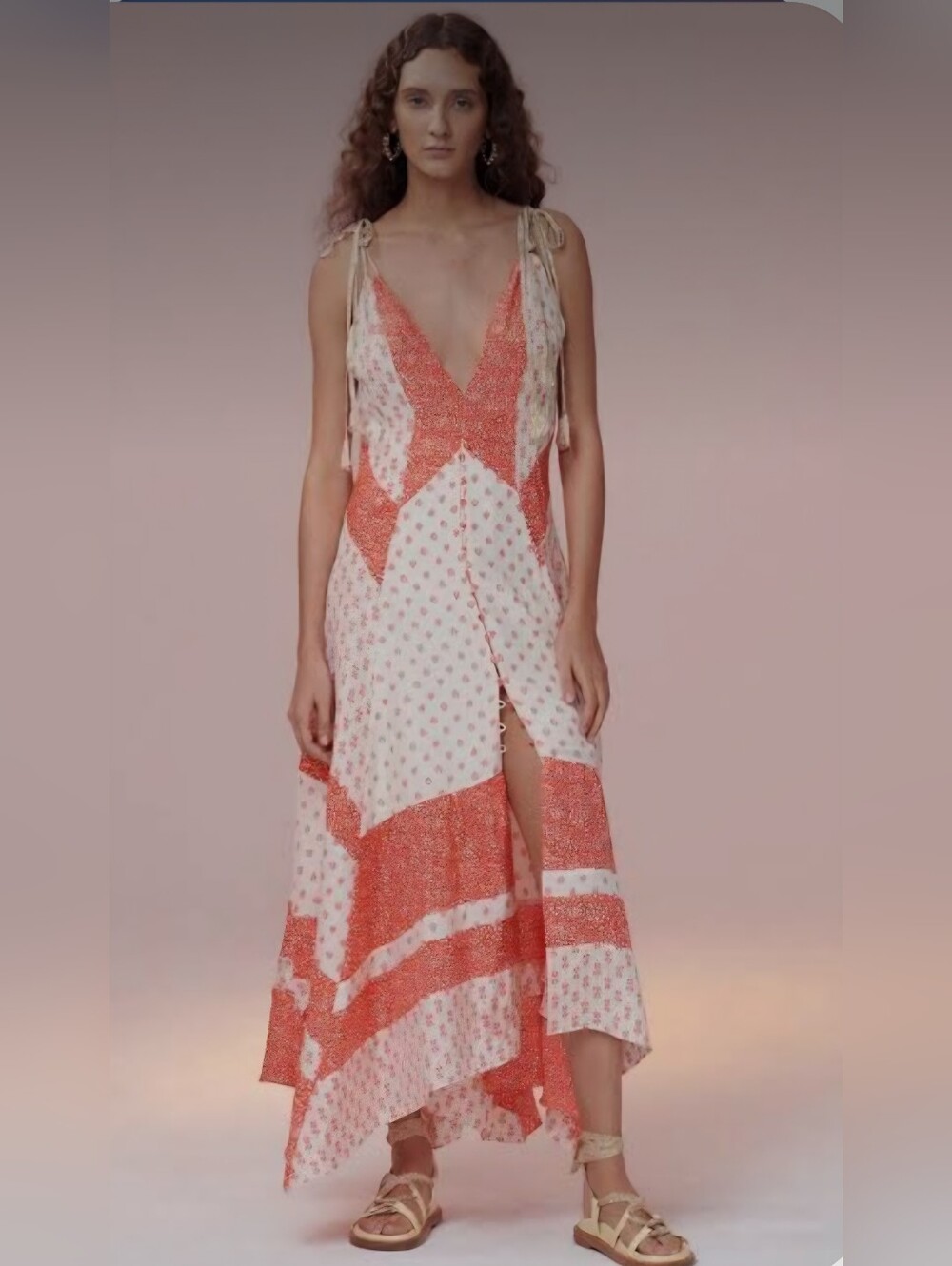 NEW Rebecca Taylor Womens Orange Silk Colorblock V- Neck Sleeveless Midi Long